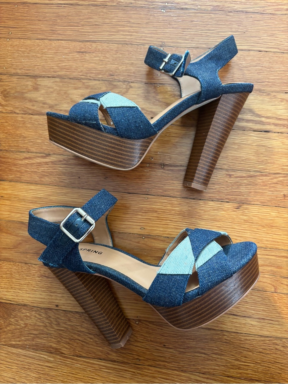 Denim Platform Block Heel Sandals - Navy/Light Blue